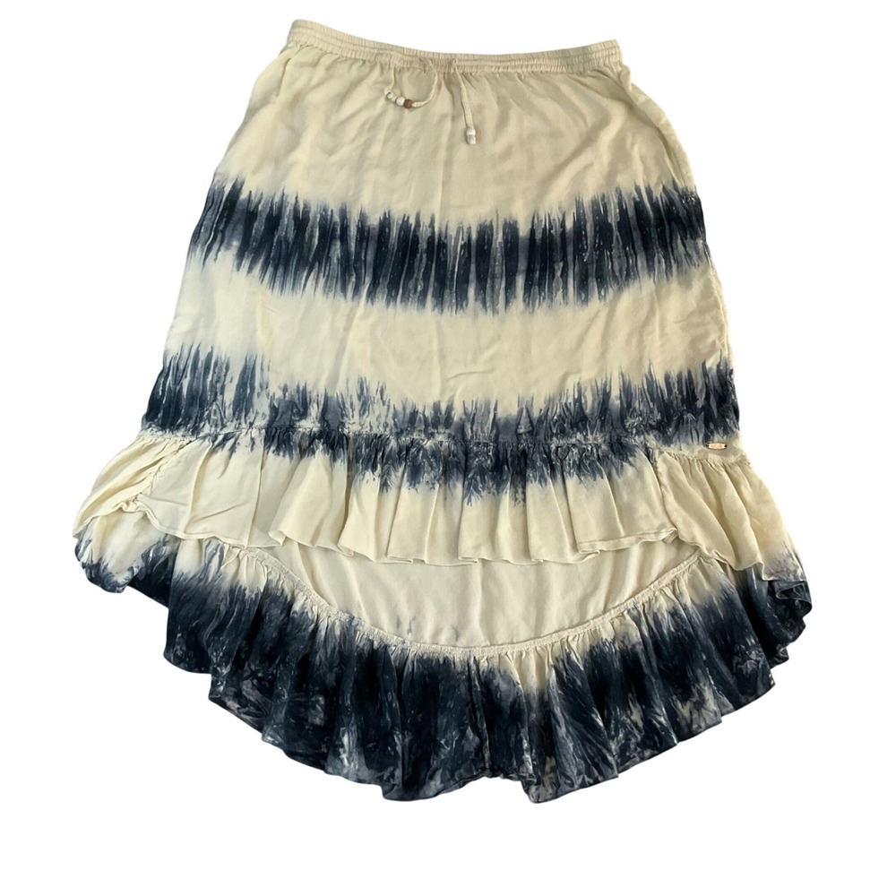 Rip Curl High Low Skirt Women Small Navy Cream Tie Dye Ruffle Boho Summer